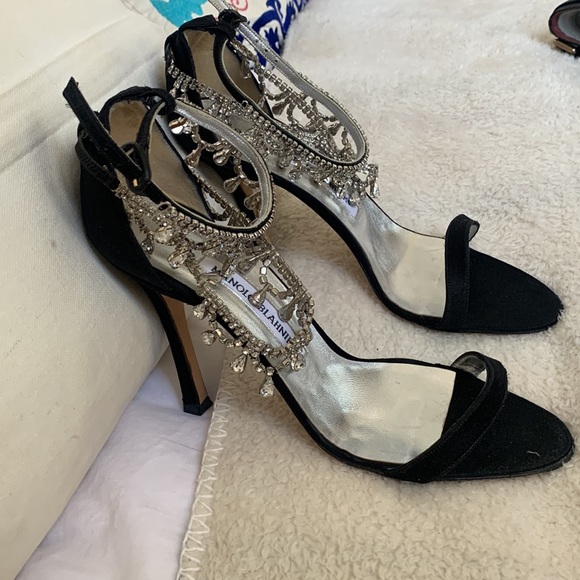 Black Satin Luxurious 4 inch Sandals with Crystal ankle bracelets. - Picture 2 of 6